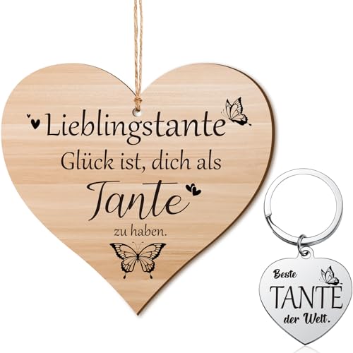 Namalu Beste Tante Geschenke Set, Herz Tante Holzschild Deko mit Organzasäckchen und Herz Tante Schlüsselanhänger Beste Tante der Welt Geschenke zu Weihnachten Geburtstag Erntedankfest von Namalu