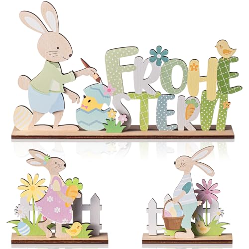 Namalu 3 Stück Deko Aufsteller für Ostern Frohe Ostern Osterdekoration Aufsteller mit Schriftzug und Osterhase Ostereier Blumen Holz Hase Figuren für Osterdeko Tischdeko Frühling(Bunt) von Namalu