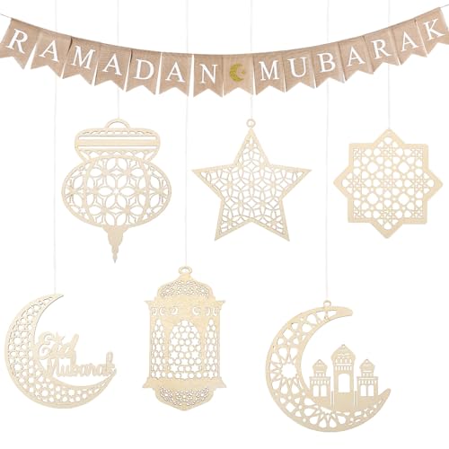 Namalu 7 Stück Eid Mubarak Dekoration inklusive 1 Ramadan Mubarak Banner aus Sackleinen 6 Holz Ornamente Anhänger Ramadan Kareem Deko Hängende Sterne Mond Deko für Opferfest Hintergrund von Namalu