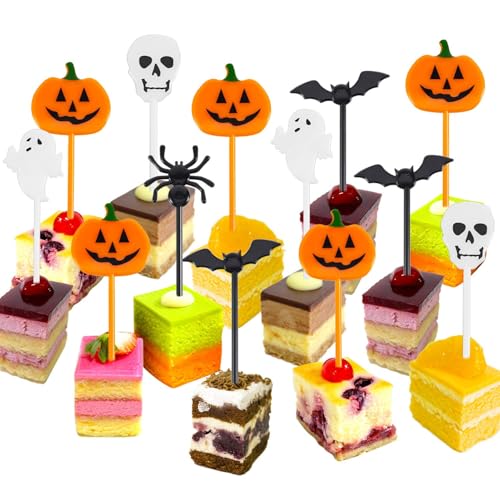 Namalu Halloween Cupcake Toppers Kunststoff Halloween Picks Kürbis Fledermaus Schädel Geister Frucht Picks Cocktail Picks Tortendeko Zahnstocher für Spieße Snacks Geburtstag Partyartikel (50 Piezas) von Namalu