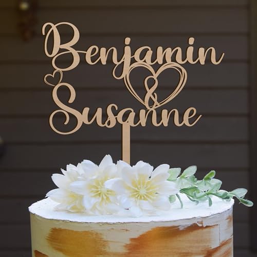 Personalisierbarer Holz Cake Topper - Kuchen Torten Deko Kuchenaufstecker mit Namen des Hochzeitpaares - Perfekt zur Hochzeit/Hochzeitstorte von Namofactur