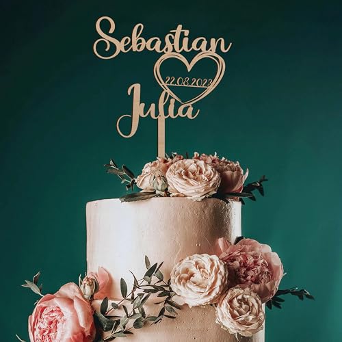 Personalisierbarer Holz Cake Topper - Kuchen Torten Deko mit Namen & Datum des Hochzeitpaares - Perfekt zur Hochzeit/Hochzeitstorte von Namofactur