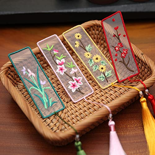 Namvo 4 Stück DIY Kreuzstich Lesezeichen Kit mit 16,5 cm Stickrahmen, Blumen Lesezeichen Stickerei Handwerk Quaste Lesezeichen Kreuzstich Kunst Geschenke von Namvo