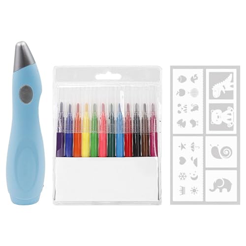 Namvo Elektrischer Farbsprühstift, Auswaschbarer Aquarellstift, Mit 12 Filzstiften und 36 Malvorlagen, Mit USB-Kabel, Blau von Namvo