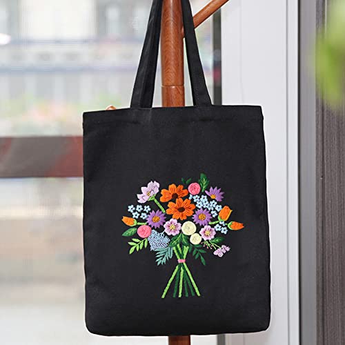 Namvo Stickset Canvas Tragetaschen mit Blumenmustern, Bambus Stickrahmen, Farbf?den Nadeln DIY Kreuzstich Kits für Anf?nger Schwarz von Namvo