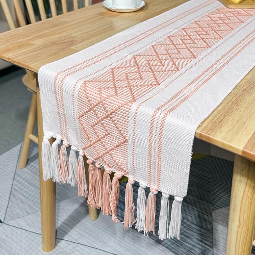 Namzi Baumwoll-Leinen-Tischflaggen-Tischdecke, handgefertigt, Quaste, Bett-End-Handtuch, Geschirrtuch, Tischflagge (Rosa, 120 x 35 cm) C von Namzi