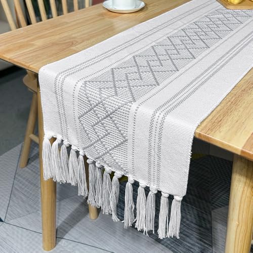 Namzi Baumwoll-Leinen-Tischflaggen-Tischdecke, handgefertigt, Quaste, Bett-End-Handtuch, Geschirrtuch, Tischflagge (grau, 120 x 35 cm) C von Namzi