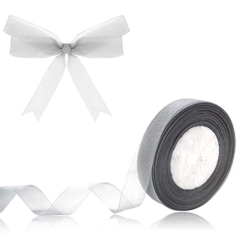 Namzi Organzaband, 1,9 cm, grün, durchscheinend, 45,7 m, Chiffonband für Geschenkverpackungen, Muttertag, Hochzeit, Blumenstrauß, Basteln (grau) von Namzi