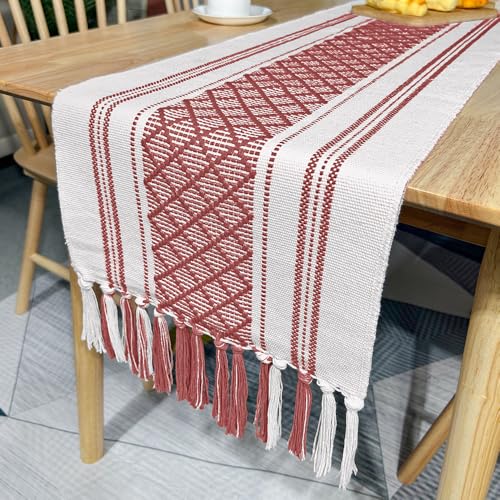 Namzi Tischdecke aus Baumwollleinen, handgefertigt, Quaste, Bett-End-Handtuch, Geschirrtuch, Tischflagge (rot, 300 x 35 cm) A von Namzi