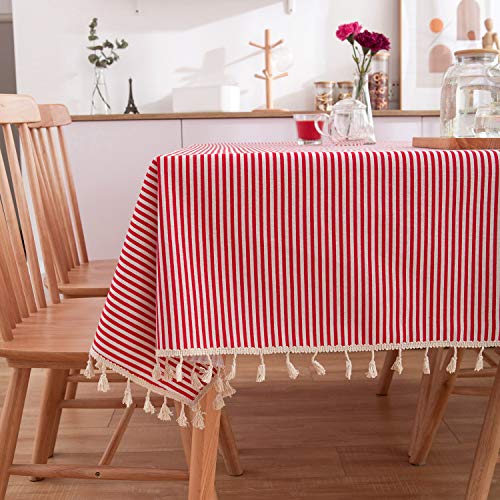 Namzi red fein gestreifte kleine frische Tischdecke im Landhausstil, Teetischdecke, Quasten-Spitze (140 x 140 cm) von Namzi