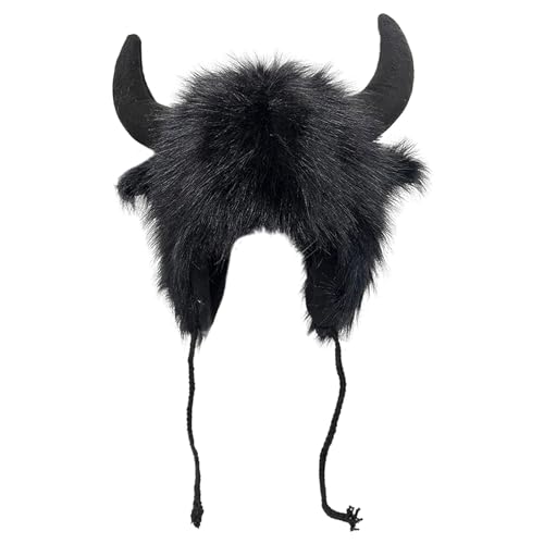 Bison-Mütze, Bison-Mütze, Flauschige Ohren, Plüsch-Ohrenklappen-Mütze Mit Hörnern, Flauschige Ohr-Kopfbedeckung Für Halloween, Winterbüffel Mit Hörnern, Warme Winter-Plüsch-Beanie-Mütze Mit Hörnern von Nankoyal