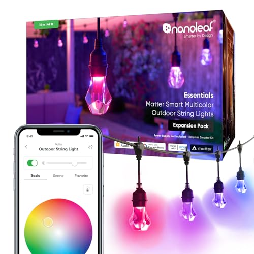 Nanoleaf Essentials Matter, LED Lichterkette Außen 15M Erweiterungs-Kit (RGBICW) - Smarte und Mehrfarbige mit 16 Mio. Farben, IP65 Wasserdicht, 20 Dimmbaren Glühbirnen, WLAN, Bluetooth & Matter-fähig von Nanoleaf