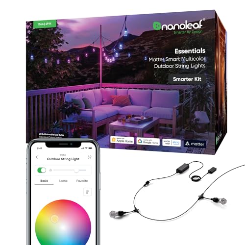 Nanoleaf Essentials Matter, LED Lichterkette Außen 15M Starter Kit (RGBICW) - Smarte und Mehrfarbige mit 16 Mio. Farben, IP65 Wasserdicht, 20 Dimmbaren Glühbirnen, WLAN, Bluetooth und Matter-fähig von Nanoleaf