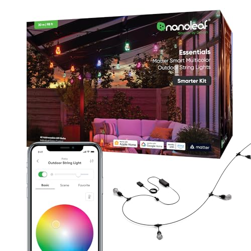 Nanoleaf Essentials Matter, LED Lichterkette Außen 30M Starter Kit (RGBICW) - Smarte und Mehrfarbige mit 16 Mio. Farben, IP65 Wasserdicht, 40 Dimmbaren Glühbirnen, WLAN, Bluetooth und Matter-fähig von Nanoleaf