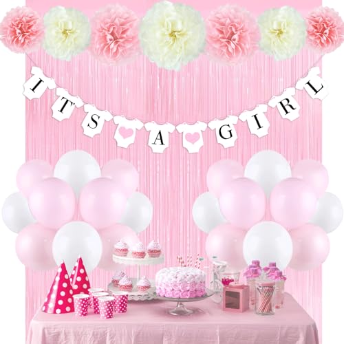 Babyparty-Dekorationen für Mädchen, "It's A Girl", Partydekorationsset, Rosa, Babyparty, Partyzubehör, Luftballons, Banner, Papier-Poms, Folienquasten-Vorhänge, Babyparty-Dekorationen, Zubehör, Rosa von Naozinebi