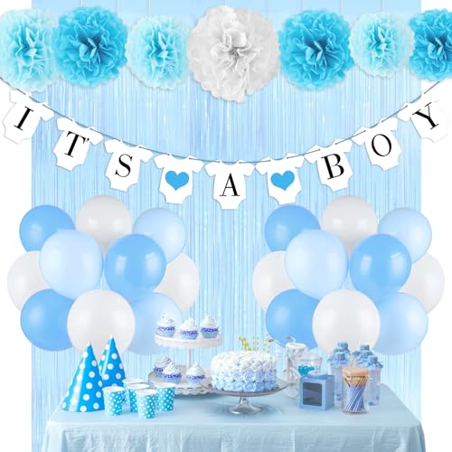 Babyparty Party Dekorationen für Jungen It's A Boy Baby Party Decor Kit Blau Party Supplies Luftballons Banner Papier Pom Poms Folie Quaste Vorhänge Babyparty Dekorationen Supplies Blau und Weiß von Naozinebi