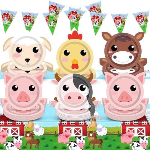 Bauernhoftiere Geburtstag Party Dekorationen Bauernhaus Thema Einweg-Pappteller Bauernhof Tier Tischdecke Bauernhof Tiere Banner für Barnyard Thema Babyparty Jungen Mädchen Geburtstag Party Supplies von Naozinebi