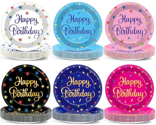 Naozinebi 72 Stück Happy Birthday Teller Geburtstag Party Supplies Konfetti Geschirr Bunte Sterne Teller Einwegteller Dessert Pappteller für Jungen Mädchen Kinder Babyparty Gastgeschenke Dekorationen von Naozinebi