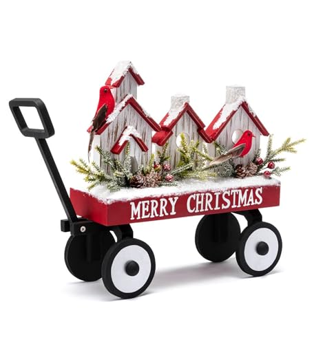 Napco Frohe Weihnachten – Vogelhäuser im Wagen – Kardinalvögel – Tannenzapfen – 48,3 x 29,5 cm rot und grün Holz Urlaubsfigur von Napco Imports