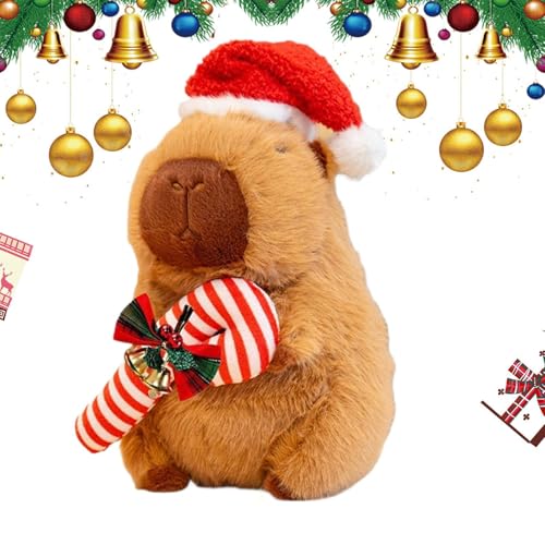 Naqqios Capybara-Plüsch-Capybara-Überwurfkissen mit Weihnachtsmütze und Zuckerstange, Plüschspielzeug, 24,8 cm, Schlafbegleiter für Heimdekoration von Naqqios