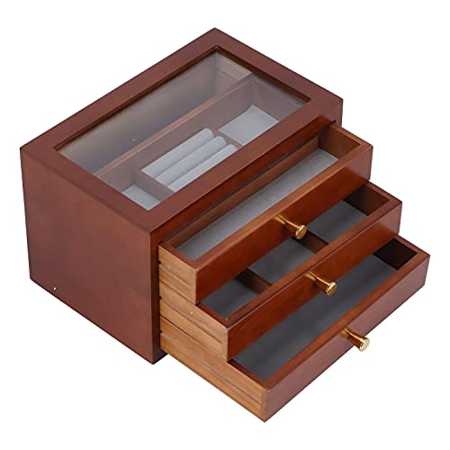 Naroote Schmuck-Organizer, Schmuckhalter mit Glasdeckel, 3-lagige Holz-Schmuckschatulle, Schmuck-Display-Box, Großes Fassungsvermögen, Schmuck-Organizer, Ohrring-Halter, Organizer für von Naroote