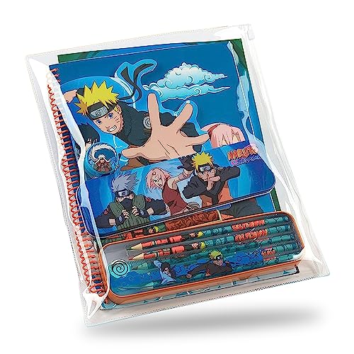 Naruto Schreibwaren Set, Anime Zurück-zu-Schul Sachen, Inklusive Notizbuch A5 und A4 Größen, Buntstifte, Federmäppchen Kawaii, Ballpoint Pen, Radiergummi, Anspitzer, & Lineal, Naruto Geschenke von Naruto