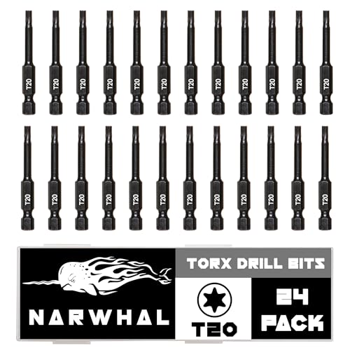 T20 Torx-Bits (24 Stück – 5,1 cm Schlaggrad) 6-Punkt-Torx-Stern-Bit mit Sechskantschaft – gehärtete CRM-Stahllegierung – Koffer im Lieferumfang enthalten von Narwhal