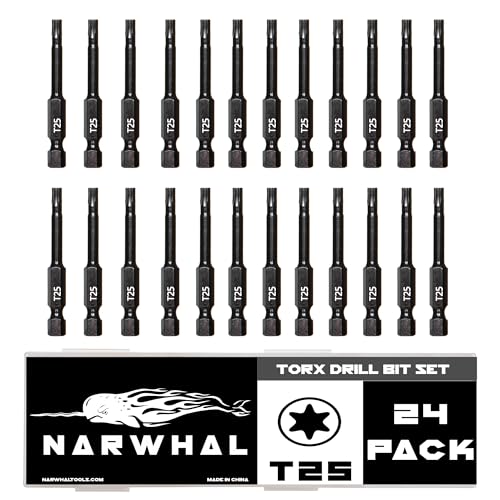 T25 Torx-Bits (24 Stück – 5,1 cm Schlaggrad) 6-Punkt-Torx-Stern-Bit mit Sechskantschaft – gehärtete CRM-Stahllegierung – Koffer im Lieferumfang enthalten von Narwhal