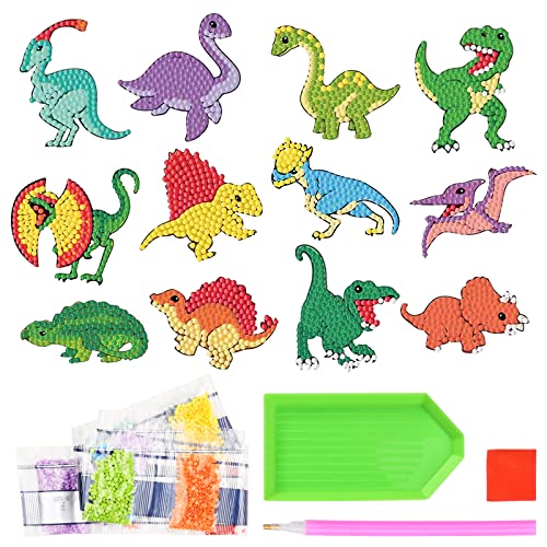 Naseom 12 Stück DIY Diamond Painting Aufkleber, Diamand Painting Set für Kinder DIY, Diamant Aufkleber Kit, Diamond Painting Kinder Mädchen (Dinosaurier) von Naseom