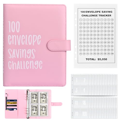 NathrBTV 100 Envelope Saving Challenge A5 Geldsparmappe Mit Durchsichtigem Geldumschlag Und Magnetknöpfen Sparen Organizer Geld (Rosa) von NathrBTV