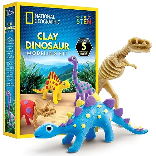 National Geographic Ton-Dino-Bastelset – Lufttrockenton für Kinder mit 5 Farben, 5 Dino-Skeletten, Modellierwerkzeug & Wackelaugen von National Geographic