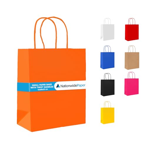 NationwidePaper Papiertüten, Partytüten, Geschenktüten, Bastel- und Süßigkeitentüten mit starken gedrehten Griffen, Orange, 25 Stück (18 x 9 x 22 cm) von Nationwide Paper