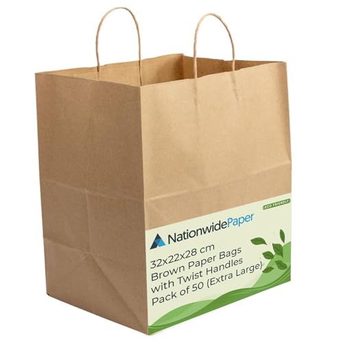 NationwidePaper Papiertüten, extra groß, braun, Partytüten, Geschenktüten, Bastel- und Süßigkeitentüten mit starken gedrehten Griffen, 32 x 22 x 28 cm, 50 Stück von Nationwide Paper