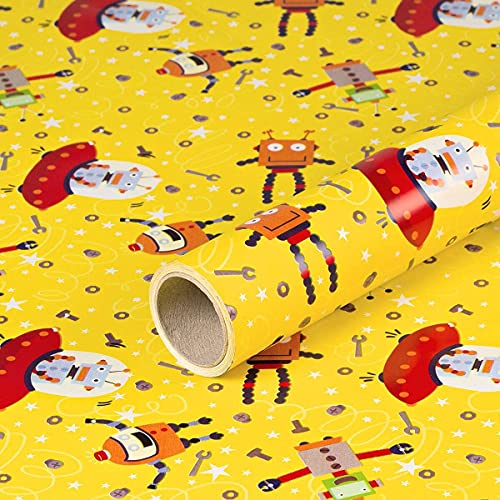 Geschenkpapier Alien und Roboter, gelb, Geburtstagspapier für Kinder, 0,70 x 10 m von Natürlich verpacken
