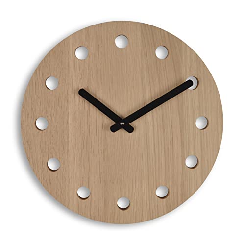 Natuhr Wanduhr Eiche unbehandelt Holz - Dots - geräuscharmes deutsches Uhrwerk, puristisch, modern, 30 cm Durchmesser von Natuhr