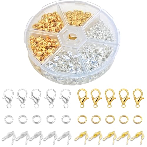 800-teiliges Schmuckherstellungszubehör-Set, Karabinerverschluss, Perlenspitzen, Knotenabdeckungen, offene Binderingverbinder für DIY-Armbänder, Halsketten, Schmuck (Gold, Silber) von Naturahand