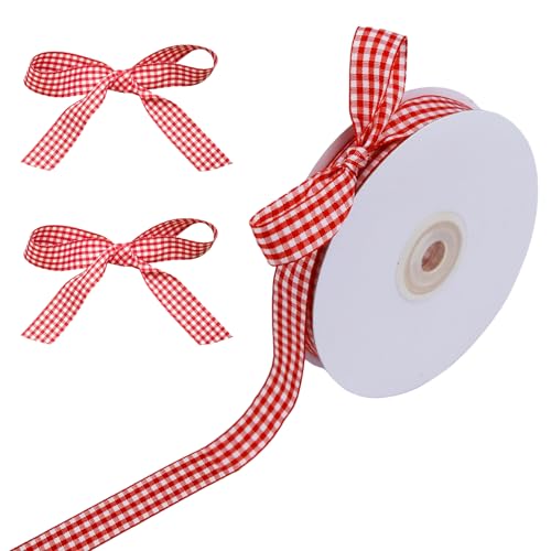 Geschenkband mit Gingham-Muster, für Weihnachten, Drahtrand, kariert, für Bastelarbeiten, Haar-Accessoires, Basteln und Weihnachtsbaum-Geschenkverpackung, 30 m, Rot und Weiß, 1 Stück von Naturahand