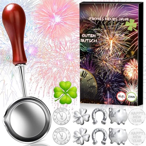 11 Teiliges Zinngießen Set Silvester, mit 10 Zinngießen und 1 Löffeln(mit Deutungen), die gesunde Alternative zum Bleigießen, für Silvester Spiele, Silvestergießen, Wahrsagerei, Partyspiel von Naturas Bouqutis