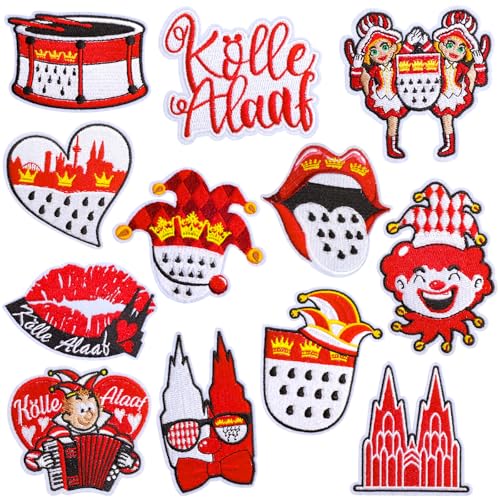 12 Stück Bügelbilder Karneval, Köln Rot Weiß Bügelflicken, Kölner Karneval Flicken zum Aufbügeln Patches zum Aufnähen, Köln Karneval Kostüm Bügelbild Fasching Accessoires Aufnäher Bügelaufkleber von Naturas Bouqutis