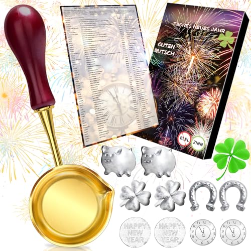 Zinngießen Set Silvester Spiele mit 10 Zinnfiguren und 1 Löffel(mit Deutungen), die Gesunde Alternative zum Bleigießen, für Partyspiel, Glücksbringer Silvester Deko, Geschenke Neujahrsgeschenke von Naturas Bouqutis