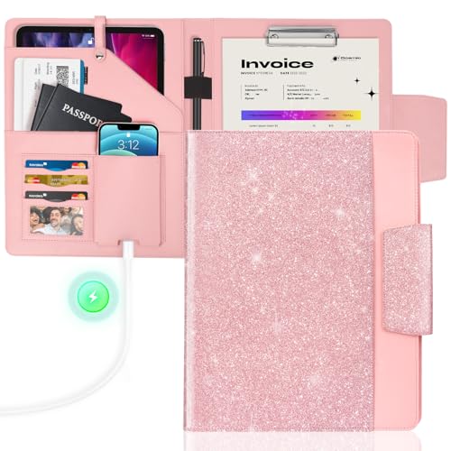 NatureTouch Padfolio-Ordner aus PU-Leder, Glitzer-Buchstabe, A4-Größe, Notizbuch, Klemmbrett, Organizer mit Taschen, Lebenslaufmappe für Business, Schule, Büro, Damen und Herren, Geschenk, Rosa von NatureTouch