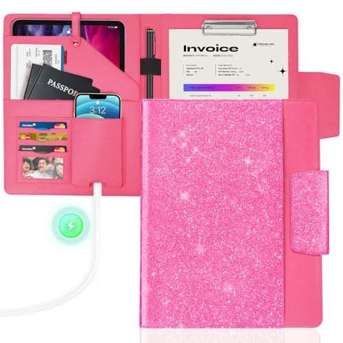 NatureTouch Padfolio-Ordner aus PU-Leder, Glitzer-Buchstabe, A4-Größe, Notizbuch, Klemmbrett, Organizer mit Taschen, Lebenslaufmappe für Business, Schule, Büro, Damen und Herren, Rosa von NatureTouch