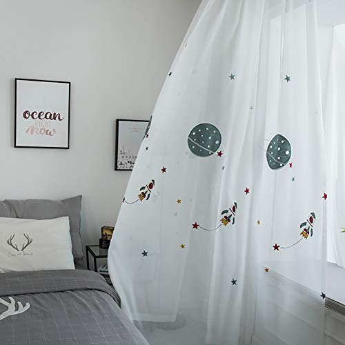 Naturer Weiß Vorhang Kinderzimmer Transparent Lang 225x140 Junge Stickerei Planet Sterne Muster Voile Gardinen Durchsichtig Babyzimmer Schlafzimmer von Naturer