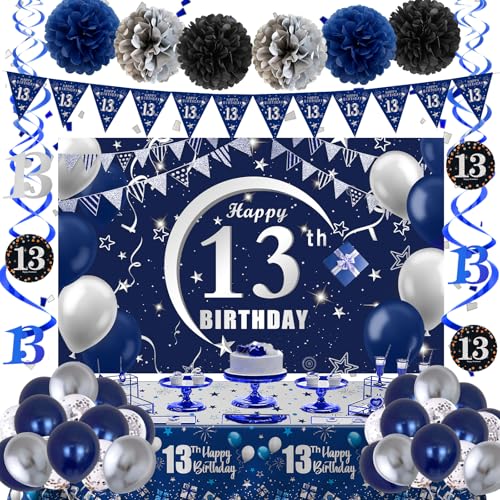 13. Geburtstag Dekorationen für Jungen Mädchen, Blau und Silber 13. Geburtstag Banner Hintergrund Luftballons, Happy 13 Bday Dekorationen Teenager Junge Banner Tischdecke Dreieck Flagge, 13 Geburtstag von Navdrivl