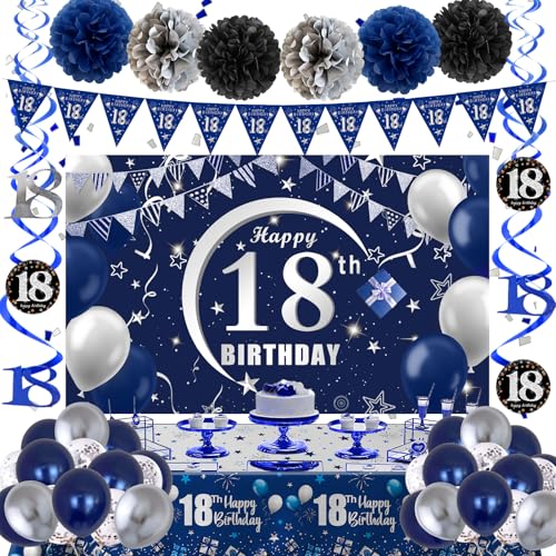 18 Geburtstag Dekorationen für Jungen Mädchen 18 Geburtstag Banner Hintergrund 18 Geburtstag Luftballons Blau Silber Happy 18th Birthday Dekorationen Tischdecke Dreieck Flagge 18 Geburtstag Geschenke von Navdrivl