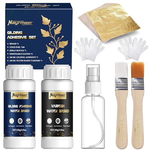 Blattgold Kleber Set für Handwerk, Inklusive Vergoldungskleber und Wasserbasierter Schutzlack, Blattgold 100 Stück, Pinsel und Sprühflasche Vielseitig für Dekoration und Restaurierung (Gold Leaf Kit) von Nayrmaer