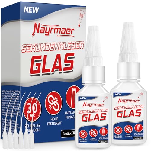 Nayrmaer Sekundenkleber Glas Extra Stark, 30g*2 Glaskleber Transparent Stark Wasserfest, Acrylglas Kleber zum Verkleben von Glas und anderen Materialien, Spiegel usw. von Nayrmaer