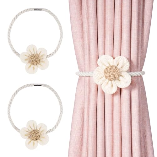 Nayyana 2 Stück Magnetische Vorhang Raffhalter, Blumen Vorhanghalter Gardinen Clip für Vorhänge Boho Deko, Einfach und Elegant Gardinenhalter Zugband, Seil Beige für Haus Dekoration von Nayyana