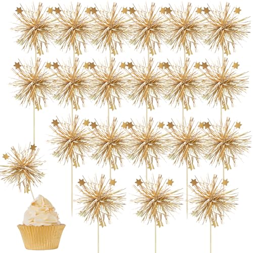 Nayyana 20 Stück Cupcake-Topper aus Folie mit Feuerwerk, Happy Birthday Kuchendekoration, glitzernde Lametta-Blumen, Getränkerührer, Lebensmittel, Obst, Zahnstocher für Partyzubehör von Nayyana