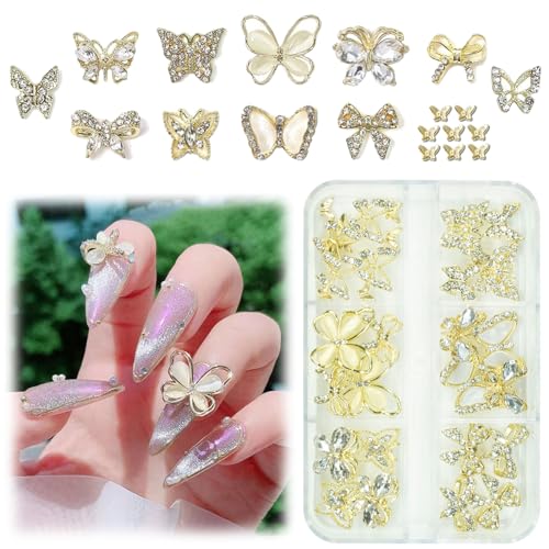 Nayyana 24 Stück Schmetterlings-Nagel-Anhänger, goldene Schmetterlinge-Anhänger für Nägel, Schleife, Nagelkristalle, Diamanten, Strasssteine, 3D-Legierung, luxuriöse Nagelkunstzubehör von Nayyana